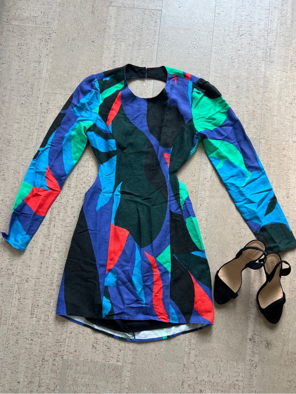 The Wolf Gang Dress Medium Linen Blend Abstract Print Long Sleeve Mini Party